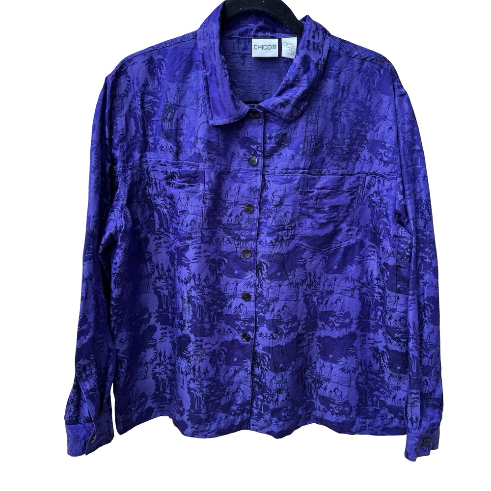 Chicos Linen Silk Coastal Resortwear Boho Art Deco Scenic Print Jacket Purple XL